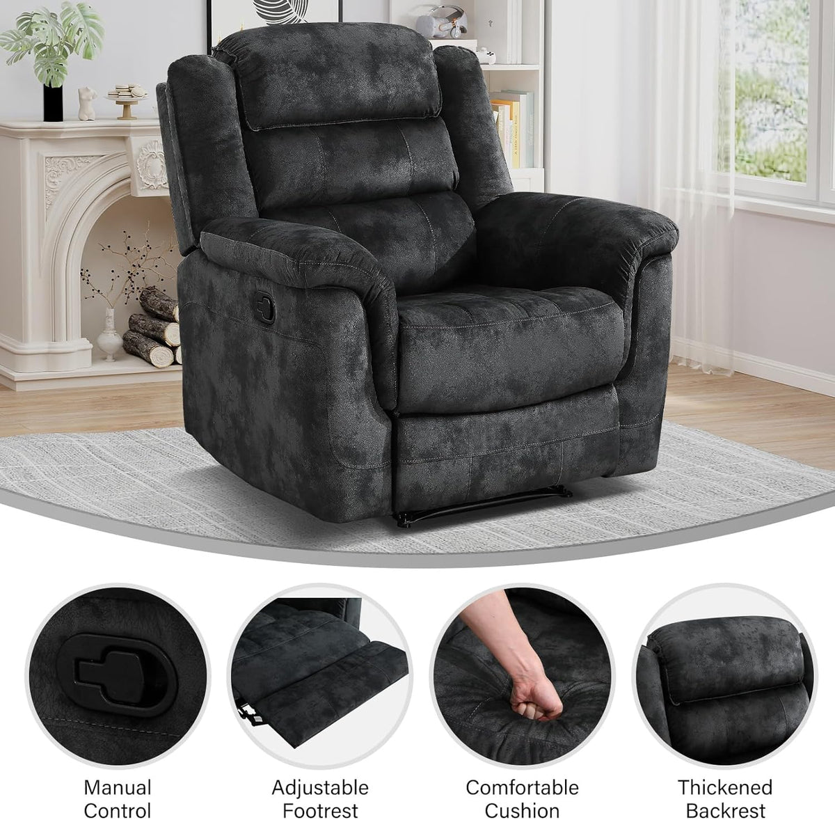 EBELLO Manual Recliner Chair, Soft Fabric Recliner Sofa with Overstuffed Armrest and Backrest for
