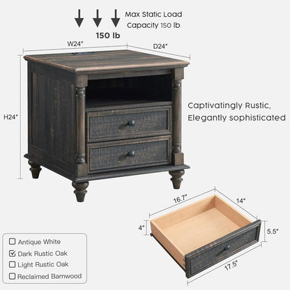 T4TREAM 24'' Farmhouse End Table w/4 Solid Wood Feet, Large 2 Drawers Wide Sofa Side Table with