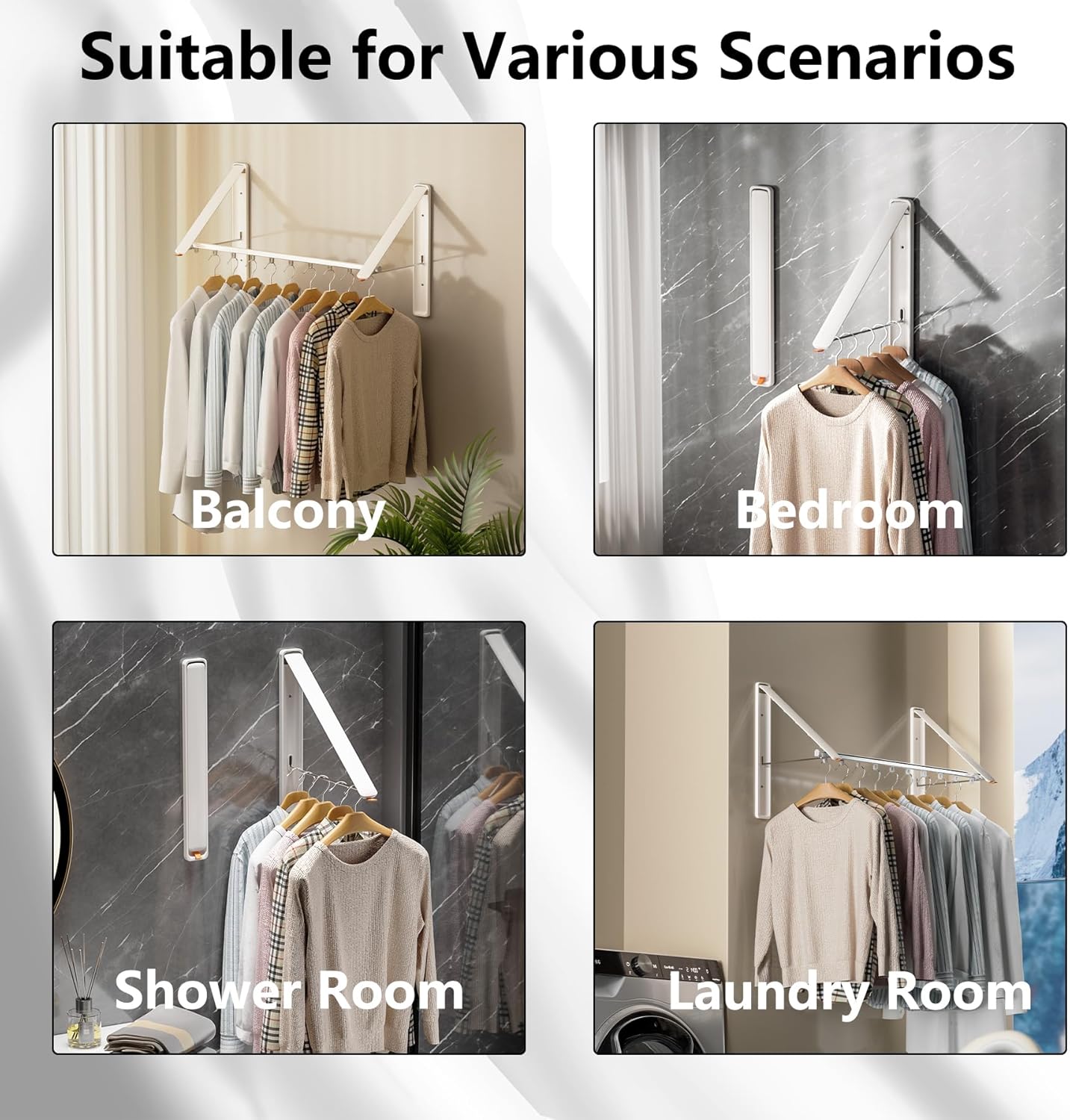 Dr.DJ Clothes Drying Rack with Rod, Wall-Mounted Retractable & Foldable Clothes Hanger for Laundry