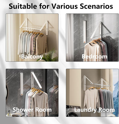 Dr.DJ Clothes Drying Rack with Rod, Wall-Mounted Retractable & Foldable Clothes Hanger for Laundry