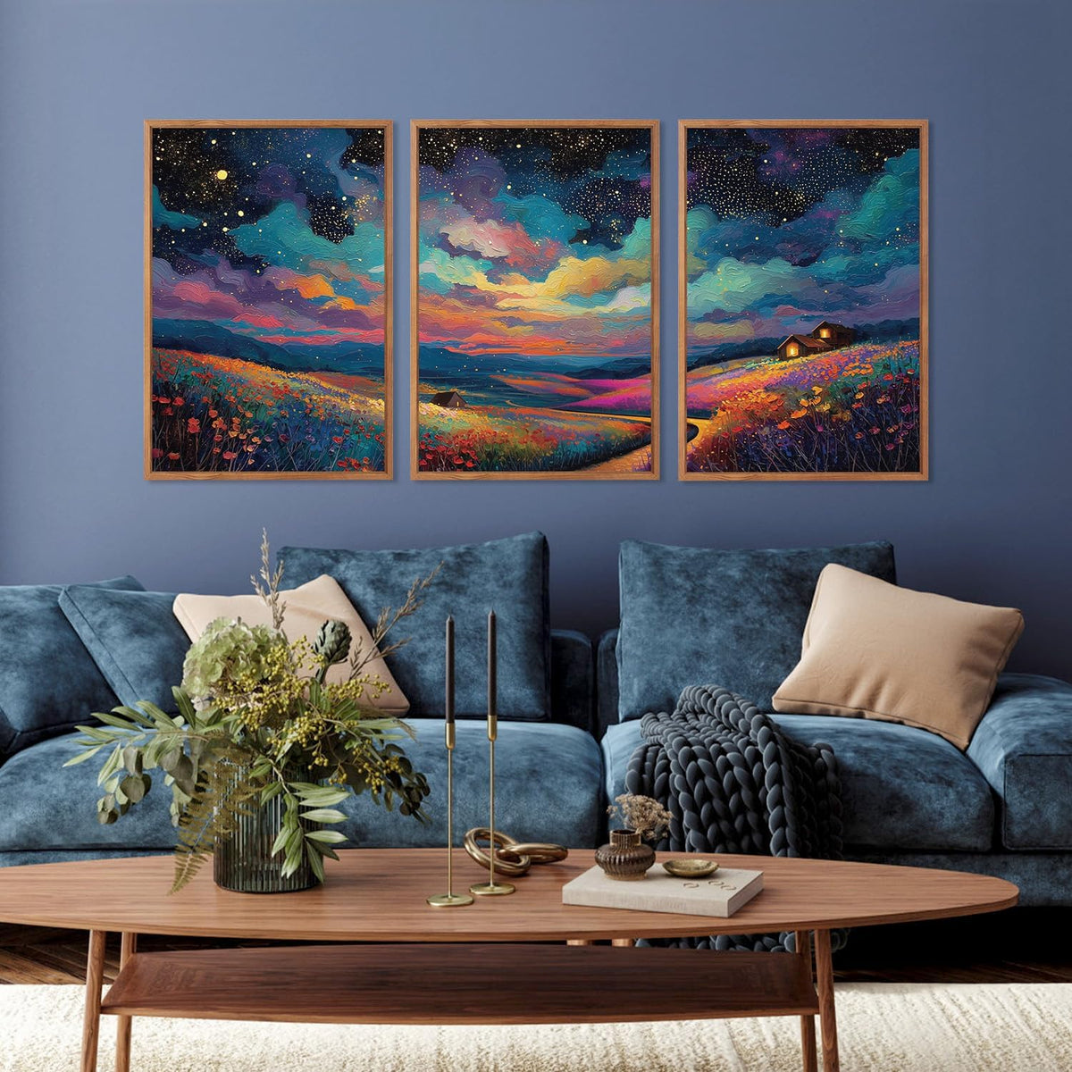 KAIRNE Framed Abstract Midnight Canvas Wall Art,Starry Night Prints Set of 3(16”X24”),Colorful