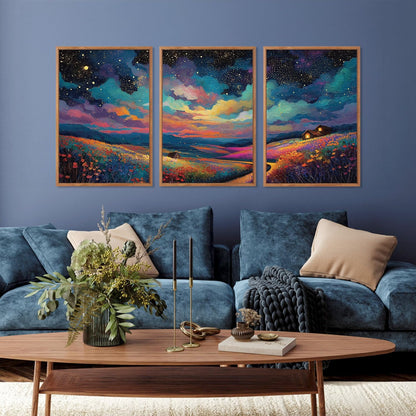 KAIRNE Framed Abstract Midnight Canvas Wall Art,Starry Night Prints Set of 3(16”X24”),Colorful