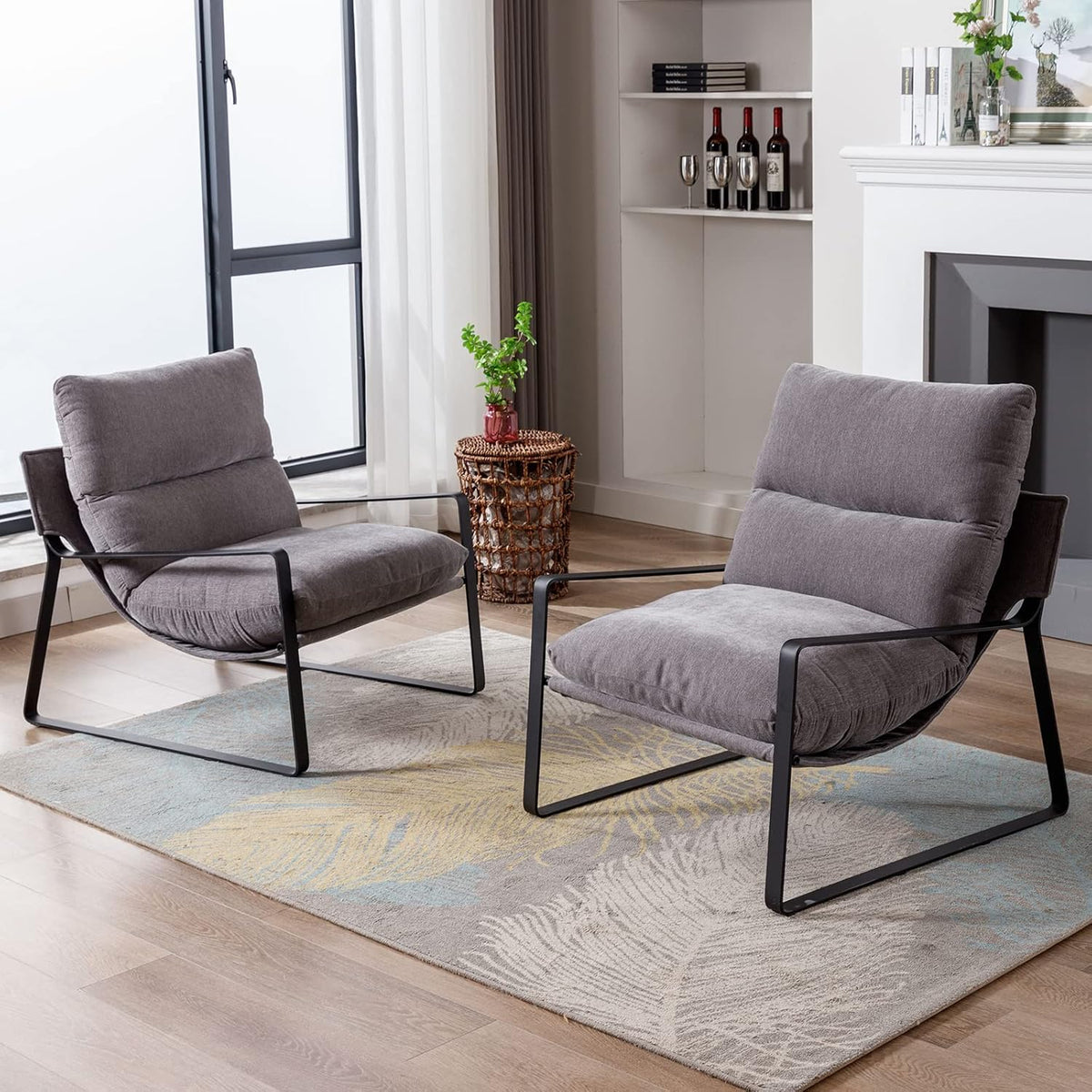 DUOMAY Modern Accent Arm Chair Set of 2, Comfy Linen Lounge Lazy Chair with Metal Leg, Mid-Century