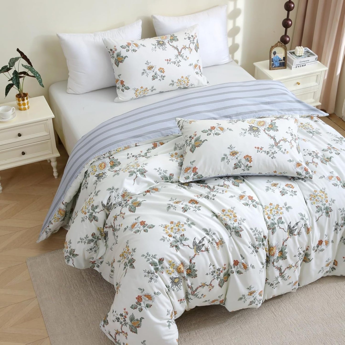 ABREEZE Floral Duvet Cover Queen Size Set Bird Flowers Bedding Set 100% Brushed Cotton Bedding