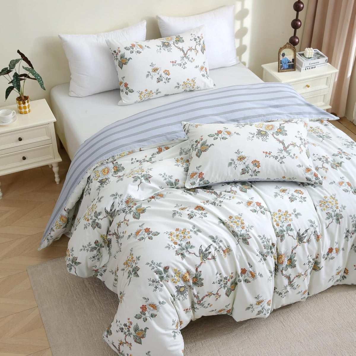 ABREEZE Floral Duvet Cover Queen Size Set Bird Flowers Bedding Set 100% Brushed Cotton Bedding
