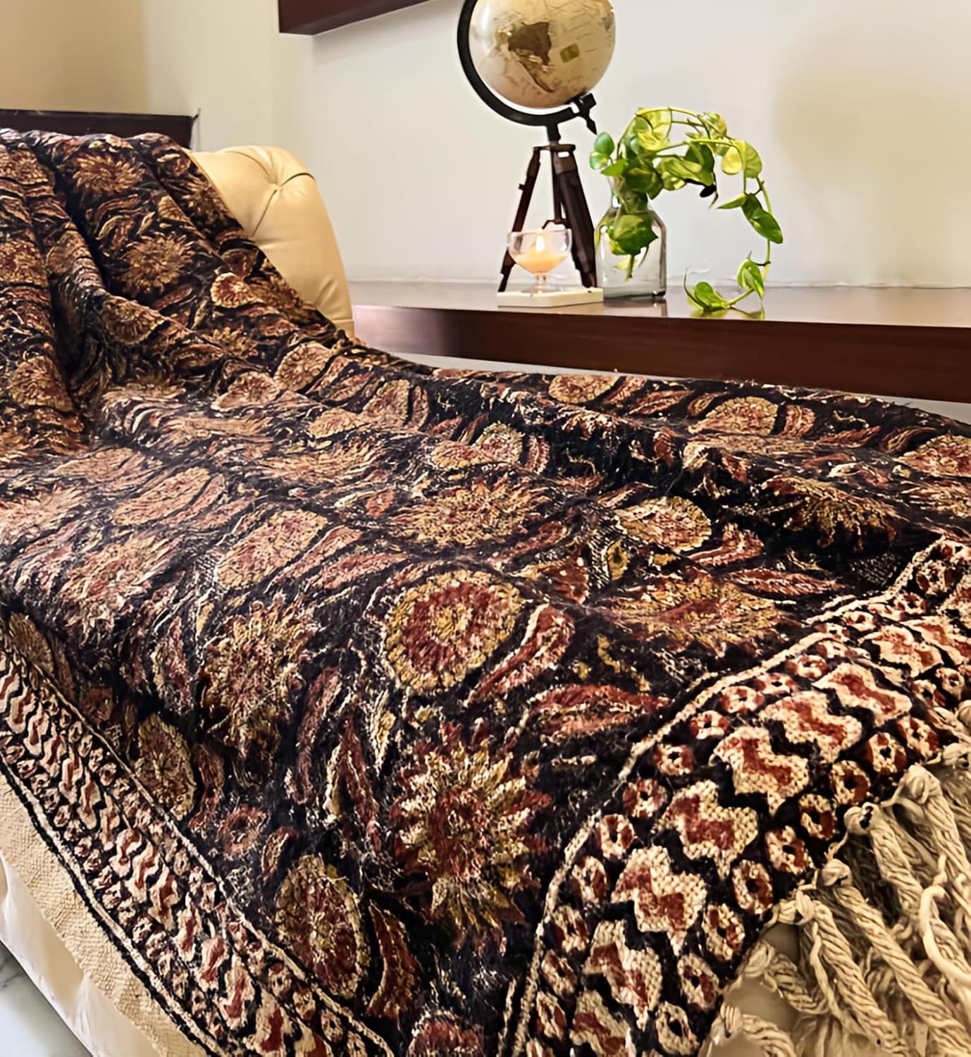 Bohemian Mud Cloth Handmade Throw with Tassels - 120x180 CM Handblock Printed Floral Cotton