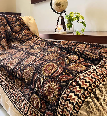 Bohemian Mud Cloth Handmade Throw with Tassels - 120x180 CM Handblock Printed Floral Cotton