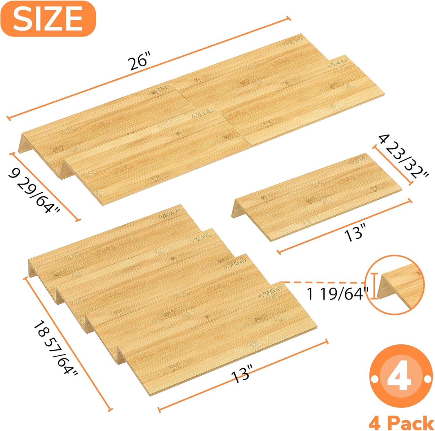 AMBIRD Bamboo Spice Drawer Organizer with Non-slip Mat, 4 Tier Jar Spice Rack Tray 13'',Seasoning
