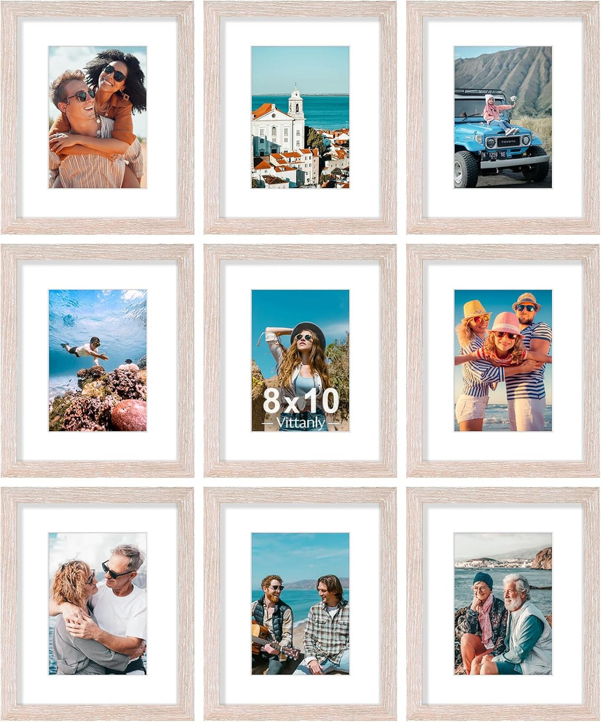 Vittanly 8x10 Picture Frames Set of 9, Shatter Resistant Plexiglass, Display 5x7 Pictures with Mat