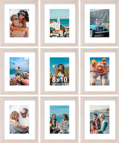 Vittanly 8x10 Picture Frames Set of 9, Shatter Resistant Plexiglass, Display 5x7 Pictures with Mat