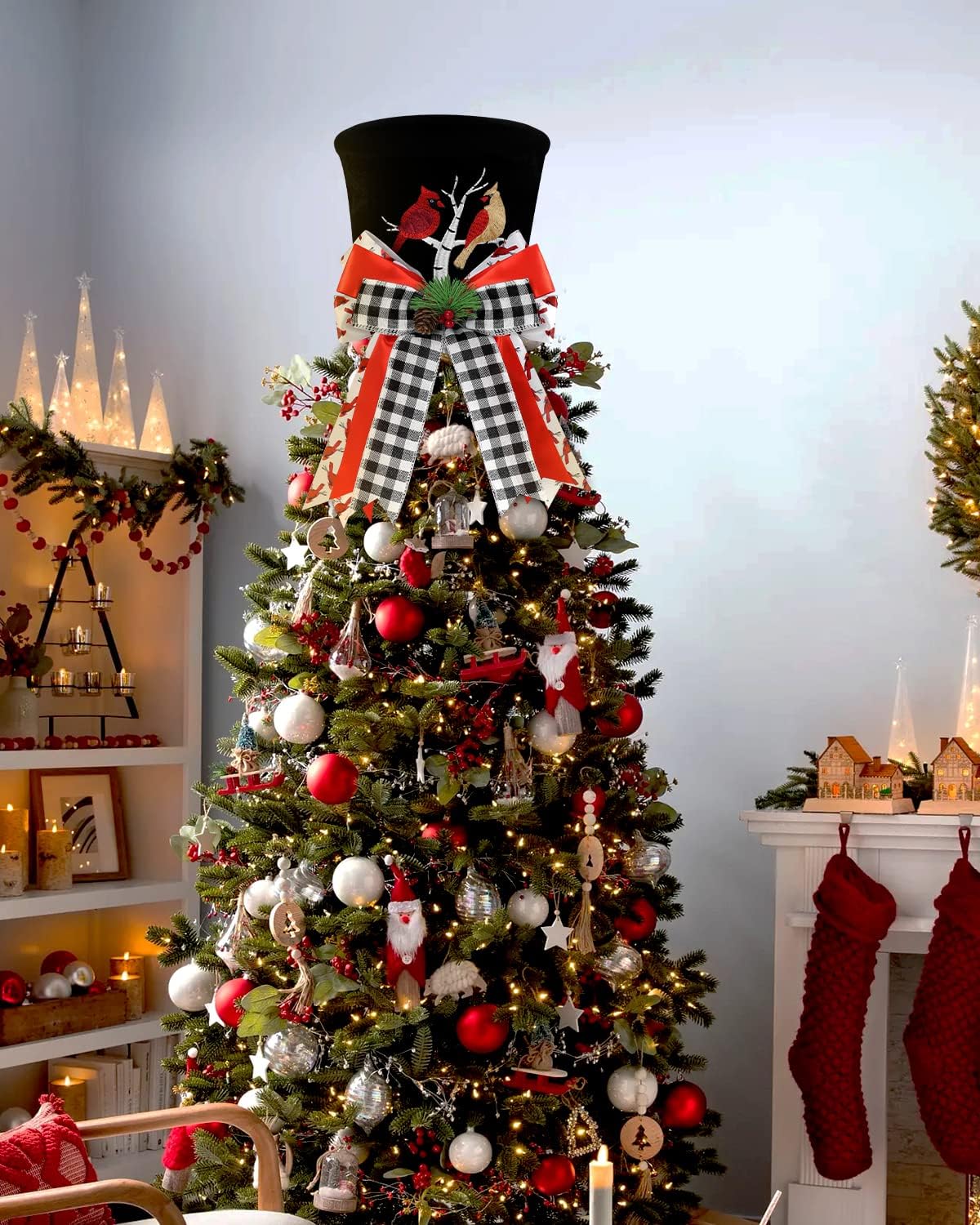 Cardinal Christmas Tree Topper Top Hat with Buffalo Plaid Check Bows Xmas Couple Cardinals on Tree