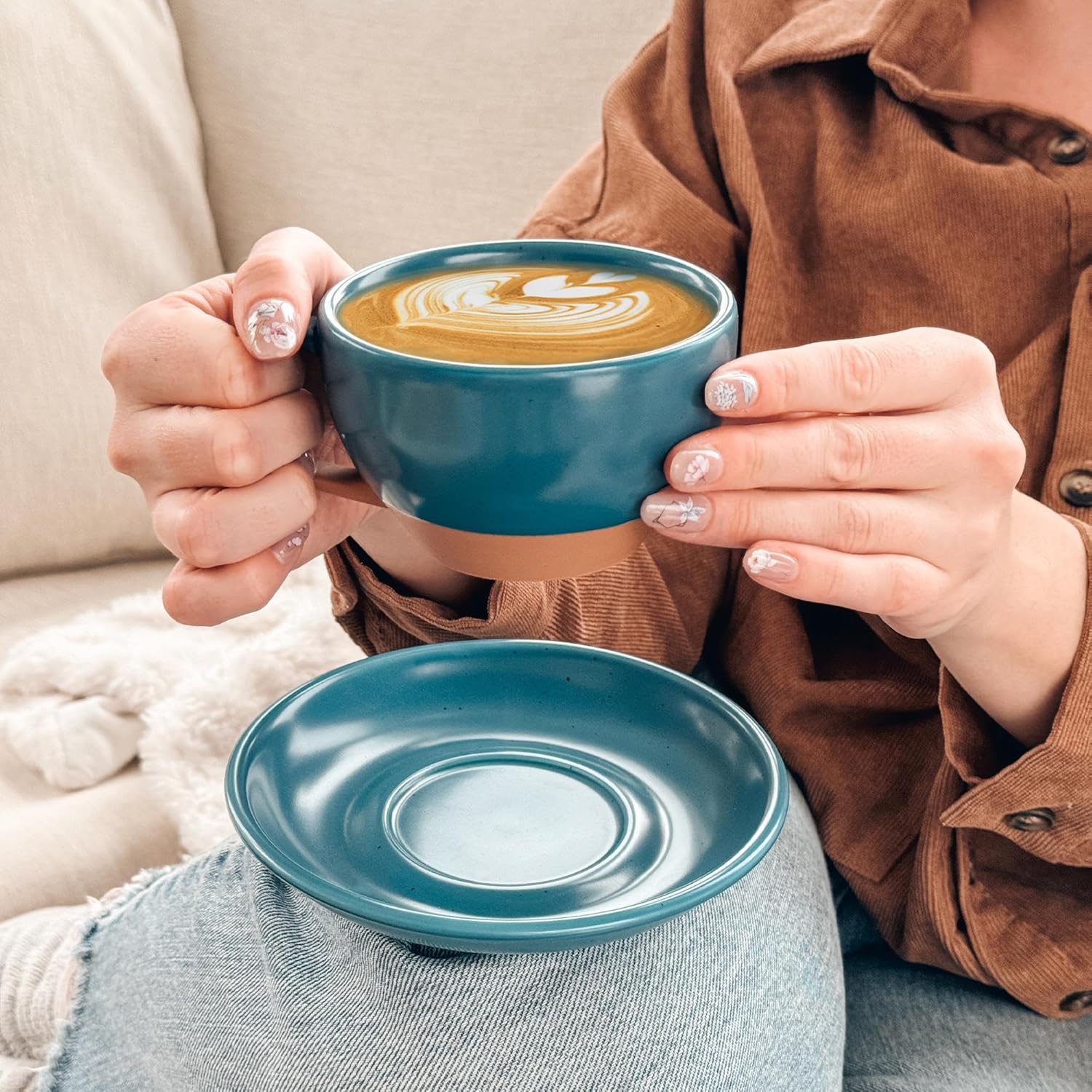 Mora Ceramic Latte Art Mug With Saucer - 10.5 oz, Round Bottom For Perfect Pours - Cafe Cups for