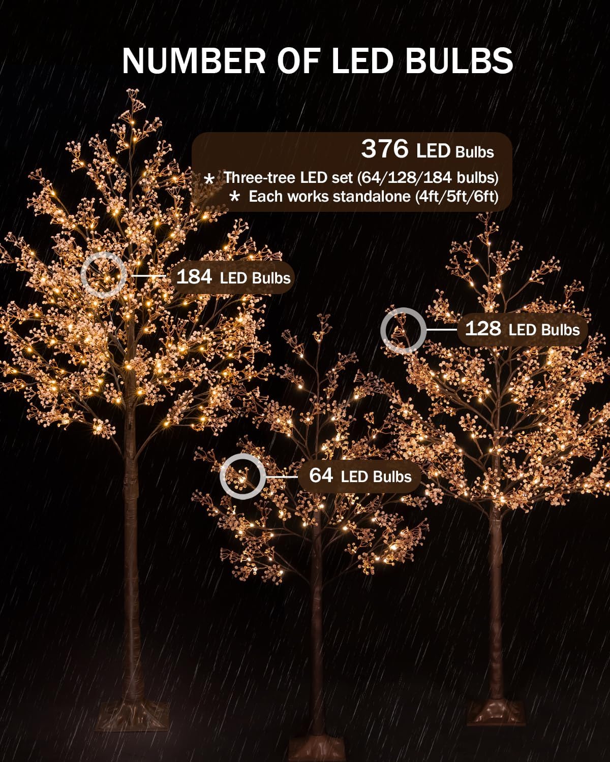 Lighted Baby's Breath Tree Set 4ft, 5ft and 6ft with 144/184/240 Warm White LED Lights for Holiday