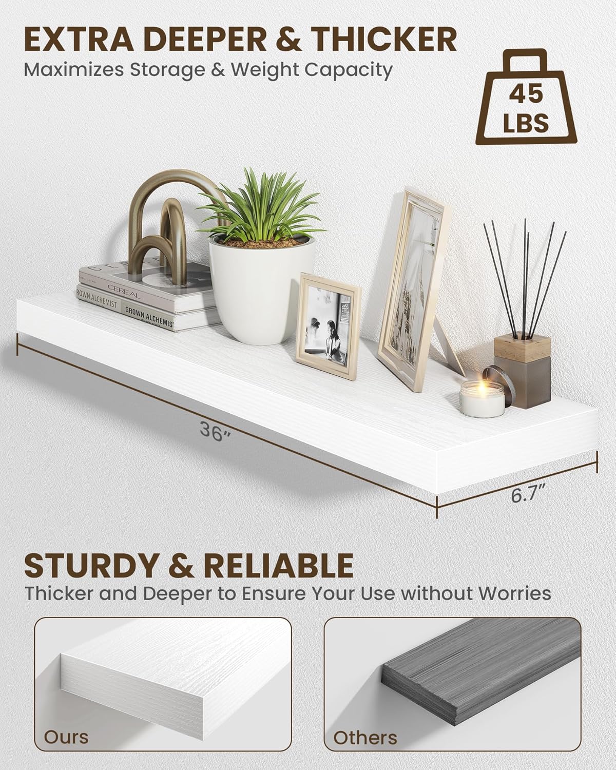 Marsmiles 36" Floating Shelves for Wall, Wooden Shelves with Invisible Brackets Set of 2, Rustic