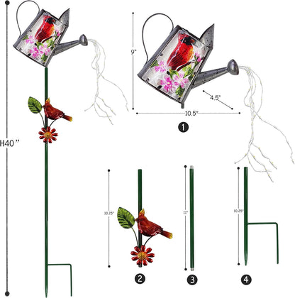 Garden Solar Lights Outdoor, Metal Watering Can Garden Stake Lights Cardinal Bird Decor Glass Art