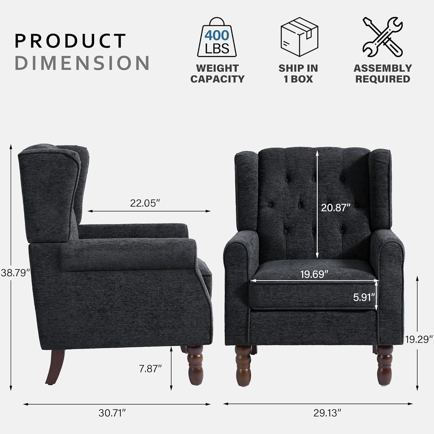 Lumibee High Back Accent Chair,Upholstered Wingback Armchair with Solid Wood Legs for Small