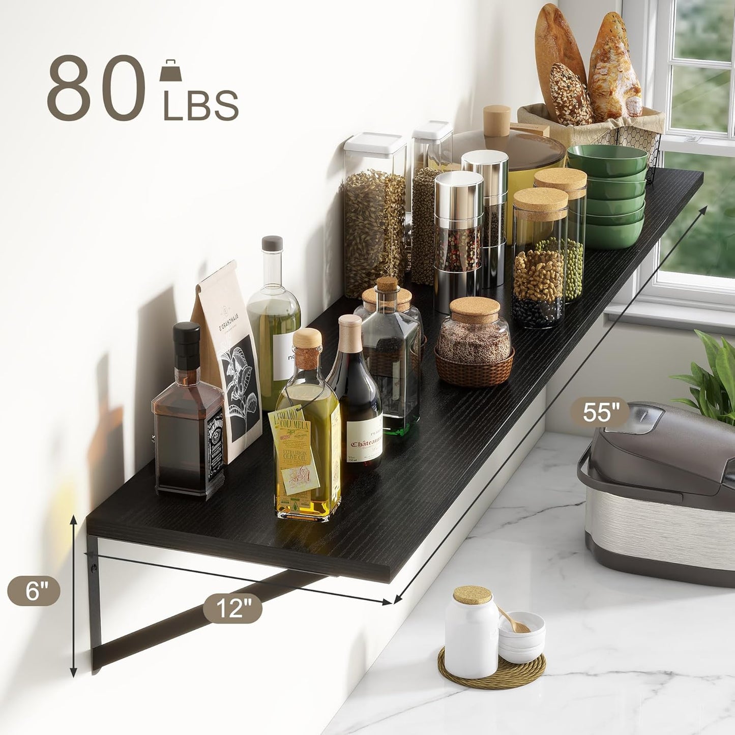 Fun Memories Deep Floating Shelves, 55W x 12D Floating Shelves for Wall, Wood Black Floating Shelf
