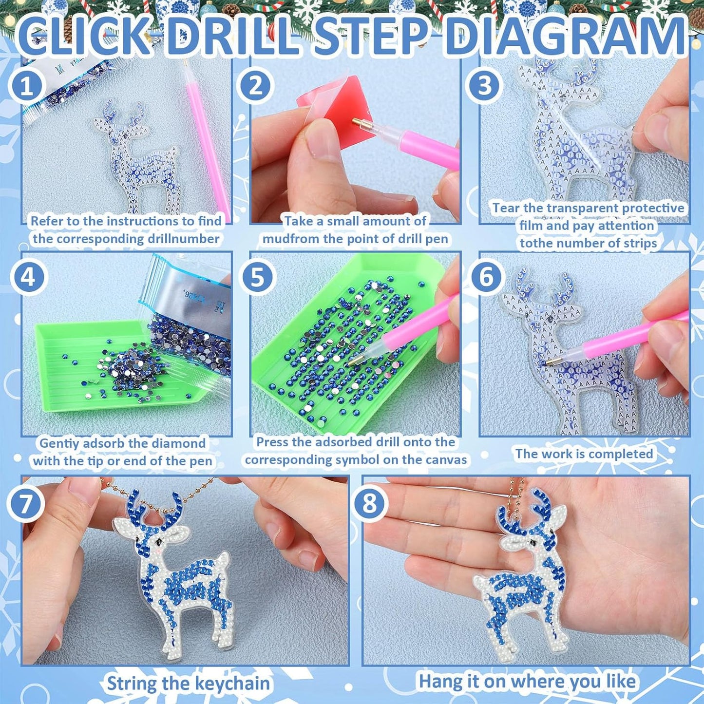 Tondiamo 20 Pcs Christmas Diamond Painting Keychain Kits 5D DIY Diamond Art Pendants Double Sided