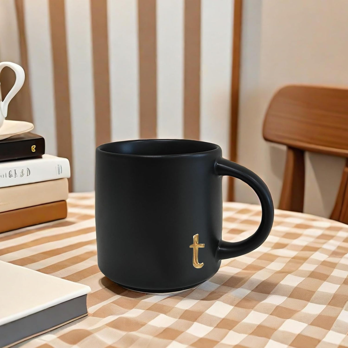 COLLECTIVE HOME - Black Monogram Ceramic Mugs, 15 oz Golden Initial Coffee Cups, Elegant Alphabet