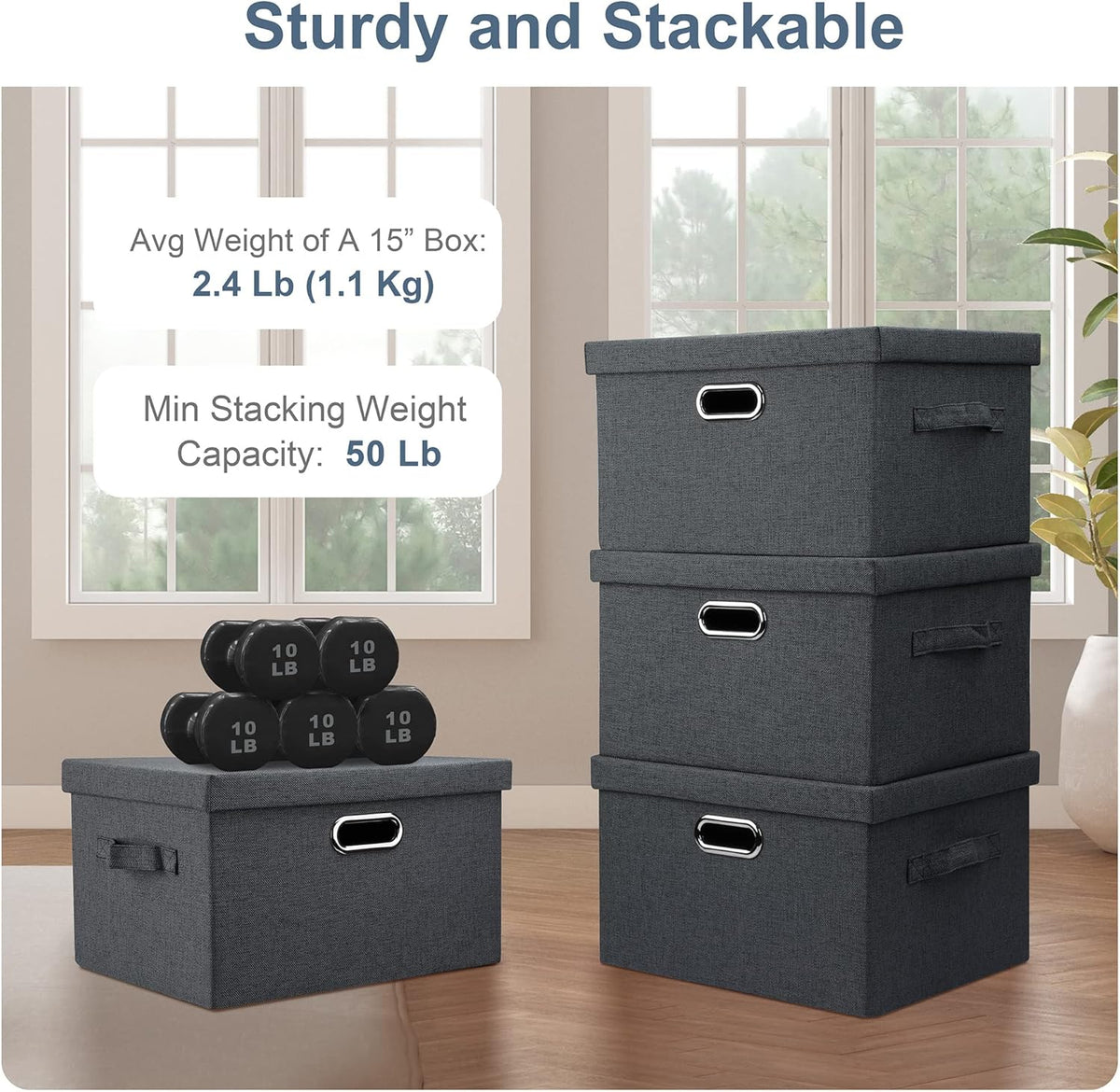 Medium 15" 21 Quart Collapsible Stackable Storage Bins with Lids, 5 Packs Dark Gray Foldable Fabric