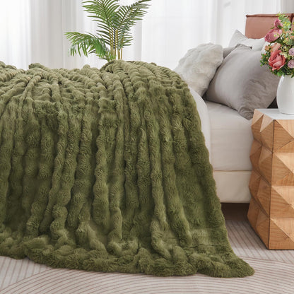 Lotus Karen Faux Fur Blanket Dark Green - Big Bubble Rabbit Fluff King Blankets for The Bed,Softest