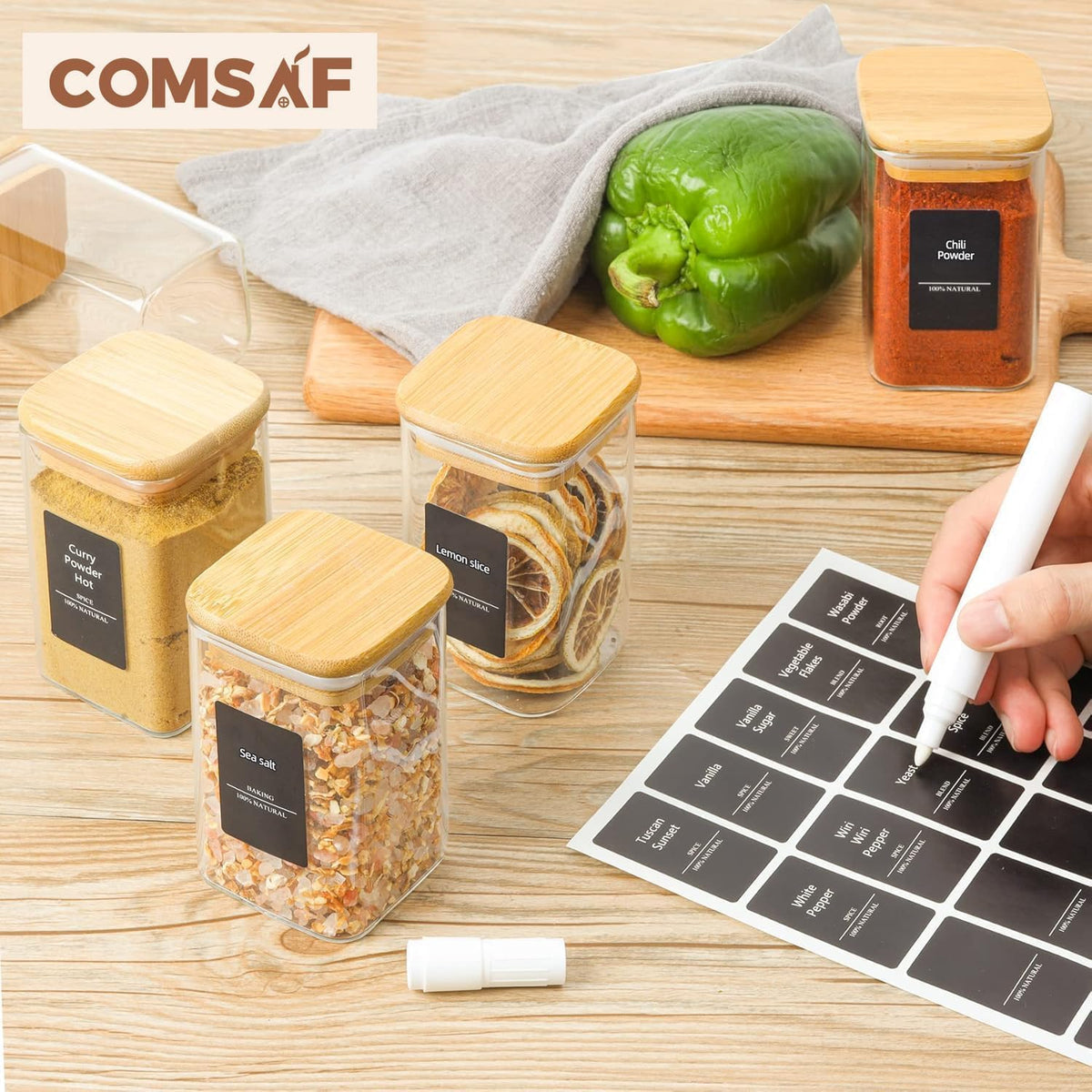 ComSaf Spice Jars with Labels 8 oz 16Pack, Small Spice Containers Starter Set, Glass Seasoning Jars