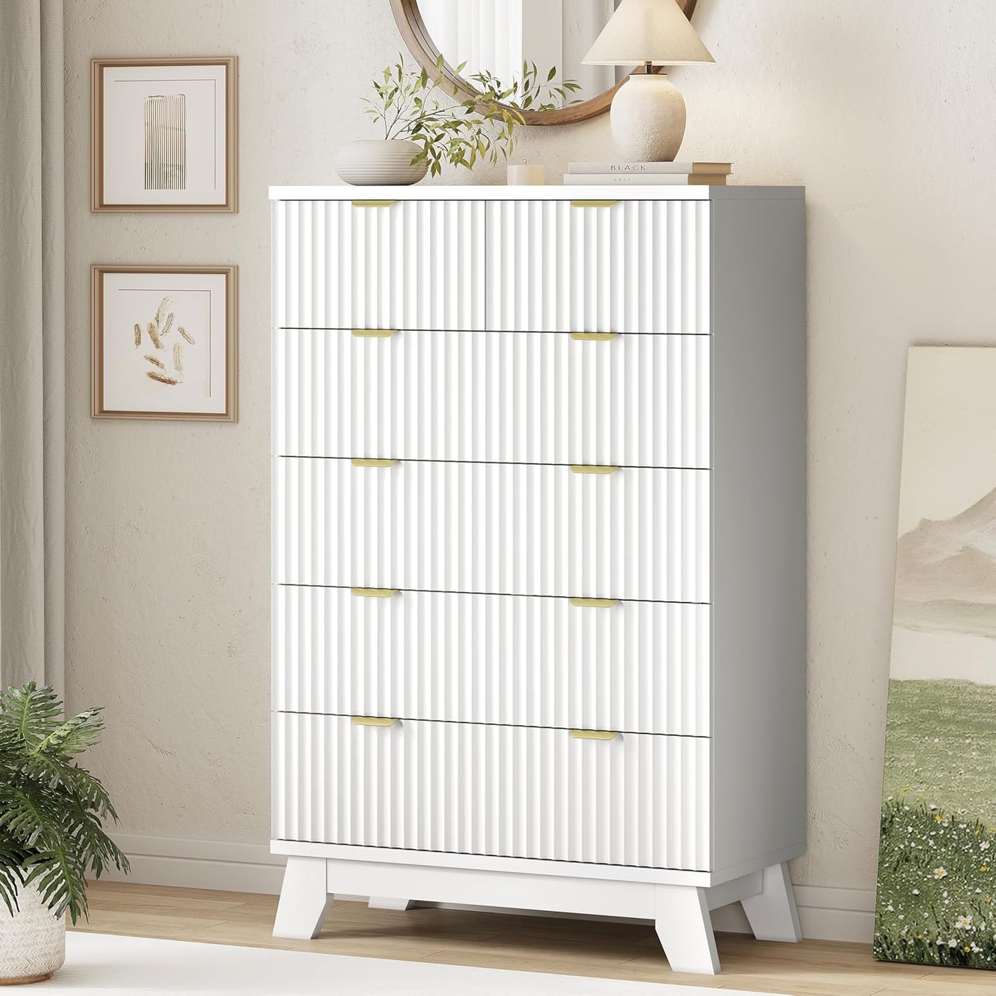 Fluted Dresser for Bedroom with 6 Drawers, 46" Tall Modern Chest of Drawers with Metal Handle