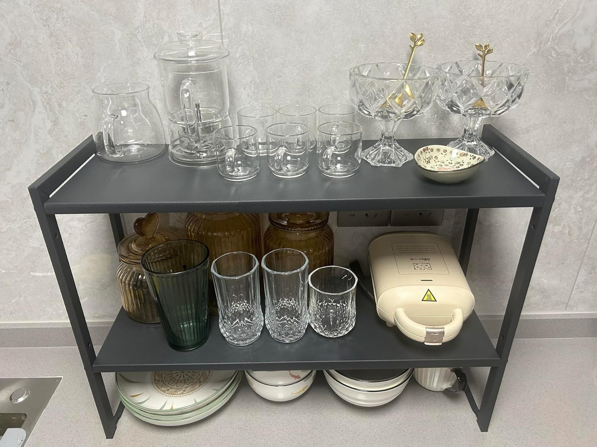 2 Tier Expandable Cabinet Shelf Organizer 14.5-25" L Kitchen Counter Shelf Rack Stand Sink Riser