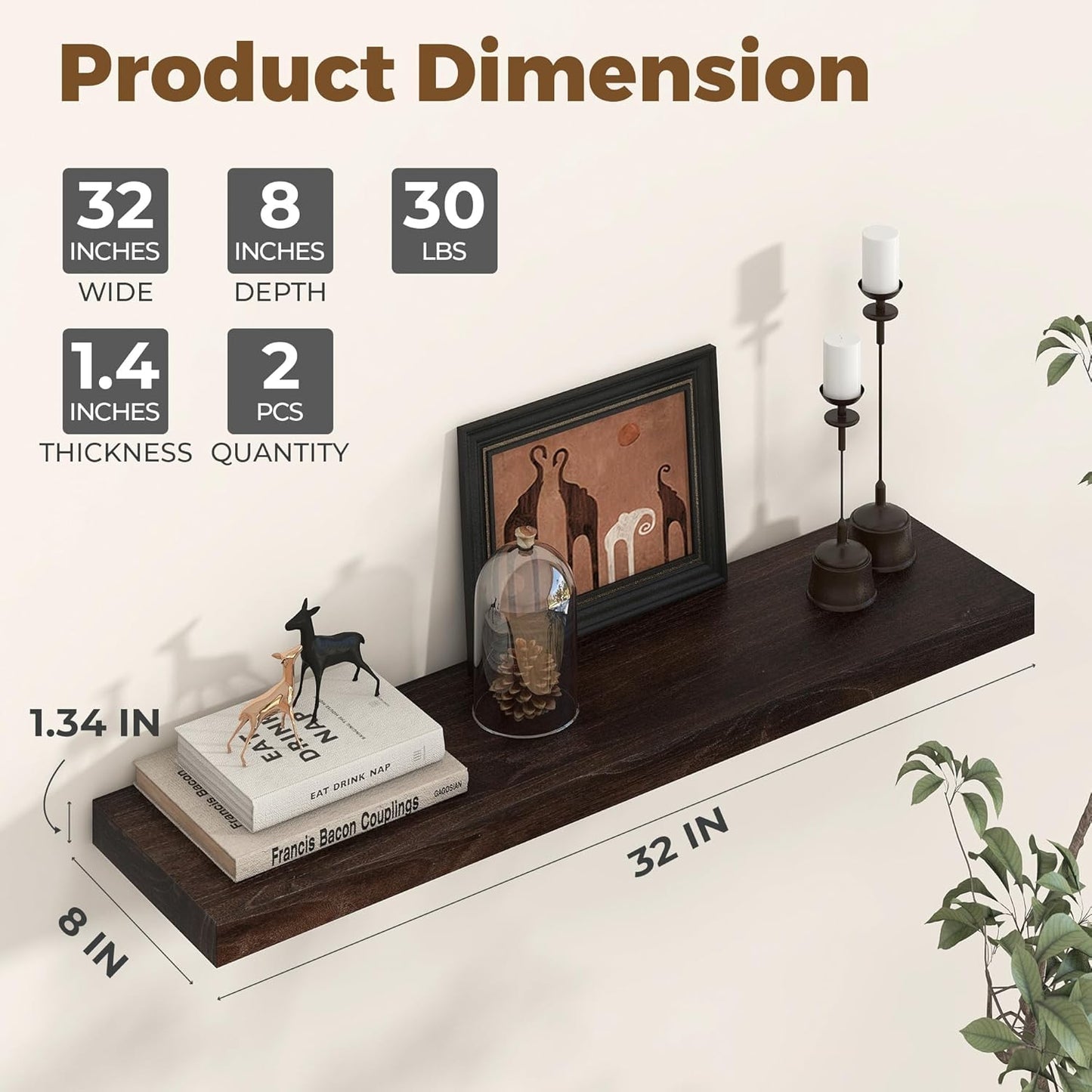 Axeman Floating Shelves for Wall - 32''W x 8'' D Rustic Solid Elm Wood Shelves for Storage, Wall