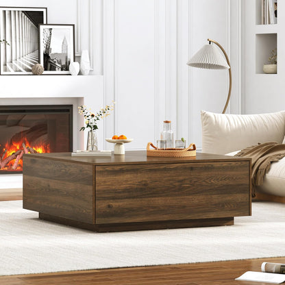 43” Square Coffee Table with Storage, Modern Large Square Center Table with 2 Drawers, Wood Coffee