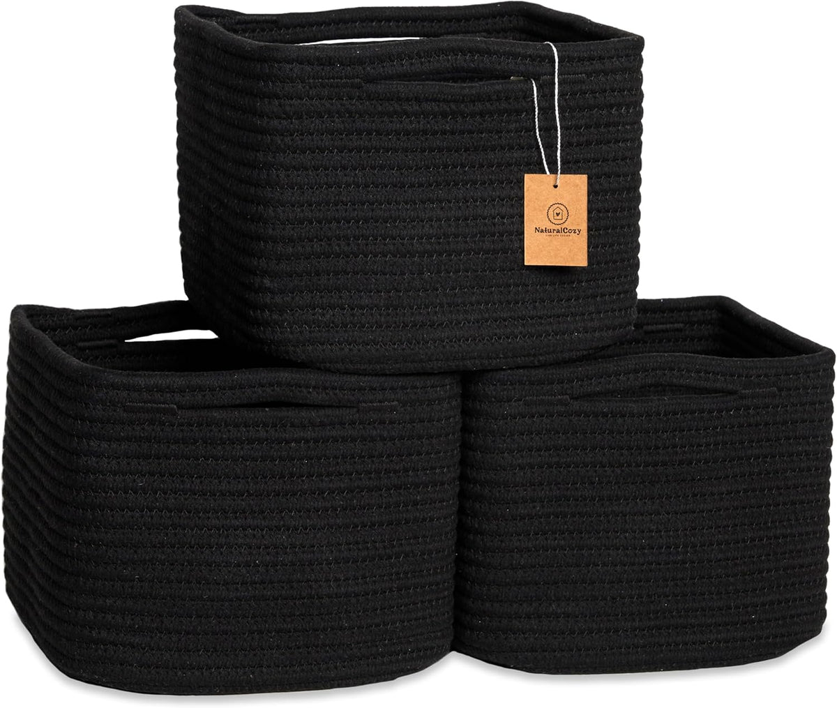 NaturalCozy Storage Cubes 9”x9”x7”Cotton Rope Woven Baskets for Organizing 3-Pack | 9 Inch Cube