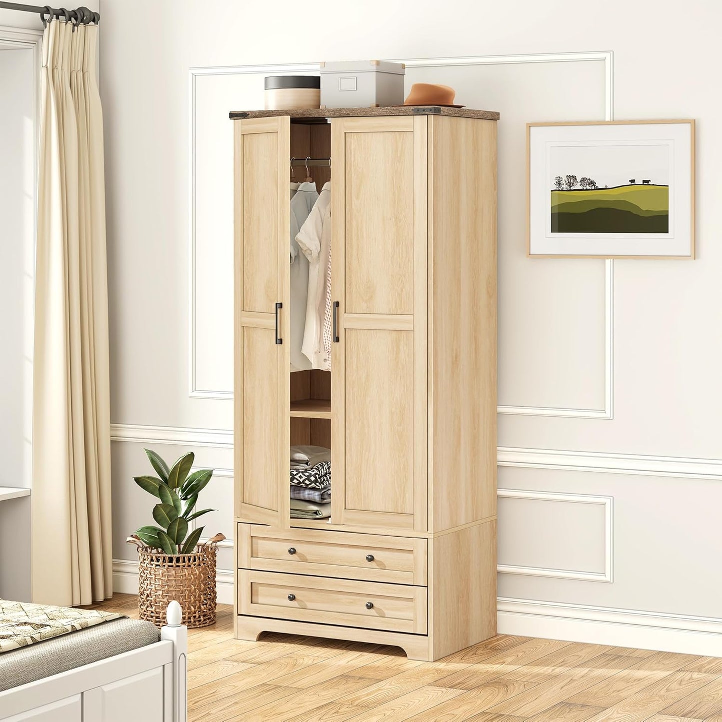 Brafab Wooden Armoire Wardrobe Closet with 2 Modern Doors, 71" Tall Freestanding Closet Wardrobe