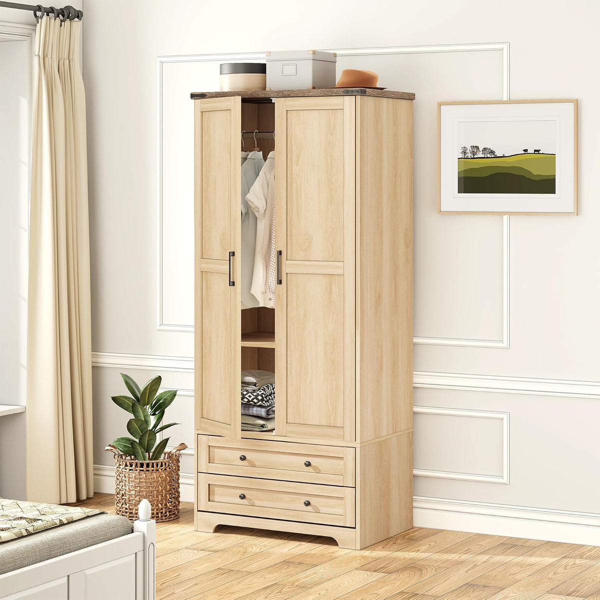 Brafab Wooden Armoire Wardrobe Closet with 2 Modern Doors, 71" Tall Freestanding Closet Wardrobe