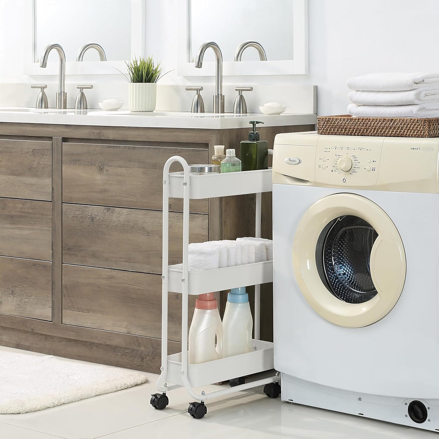 SunnyPoint Slim Rolling Storage Cart, 3 Tier Bathroom Storage Organizer Bathroom, Laundry Utility
