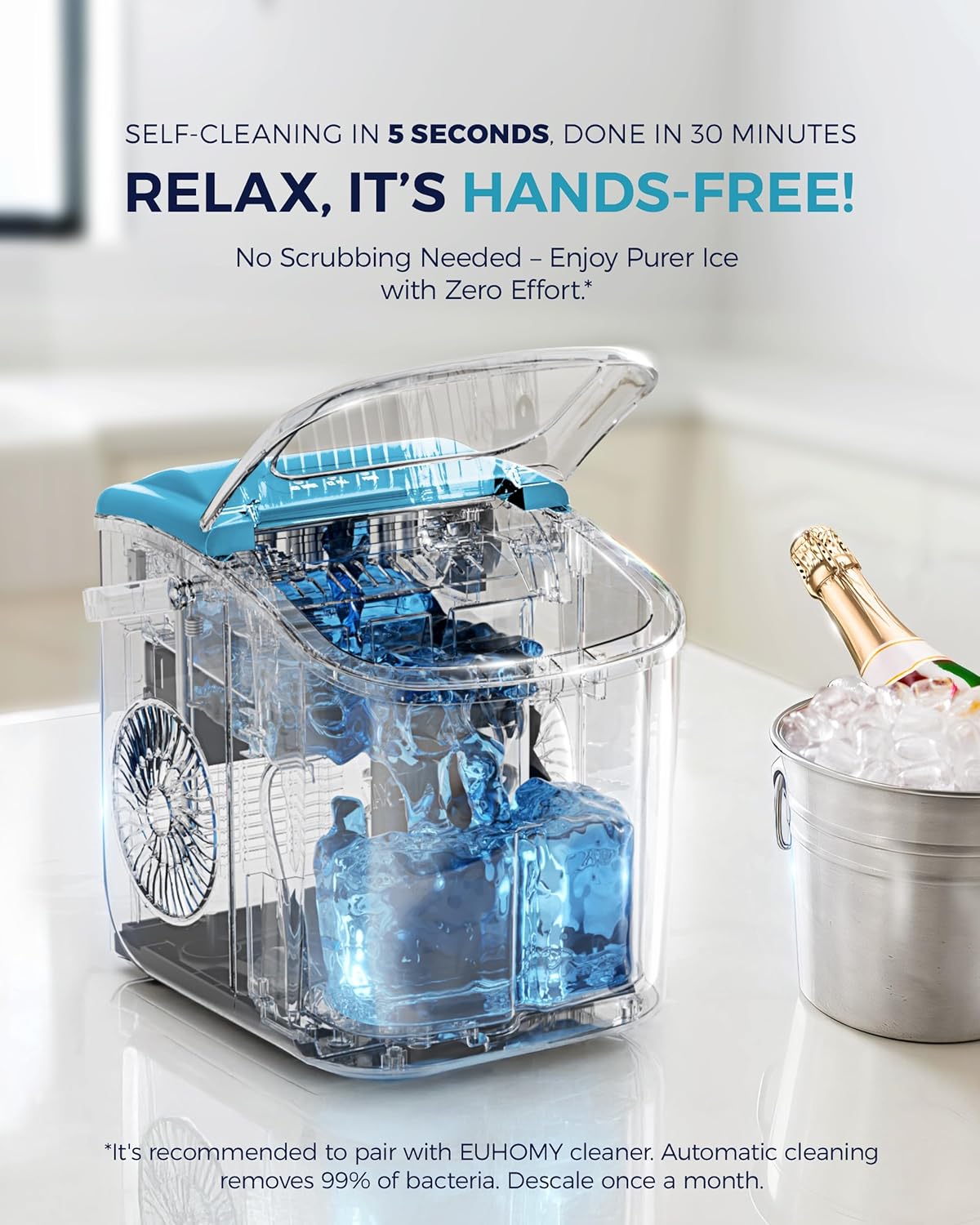 EUHOMY Countertop Ice Maker Machine with Handle, 26lbs Per Day, 9 Ice Cubes Ready in 6 Mins