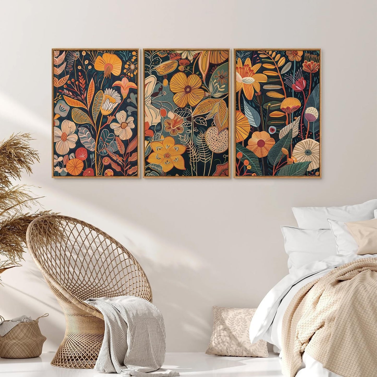 SIGNINART Boho Botanical Framed Canvas Wall Art Set of 3, Mid Century Modern Wall Decor, Burnt