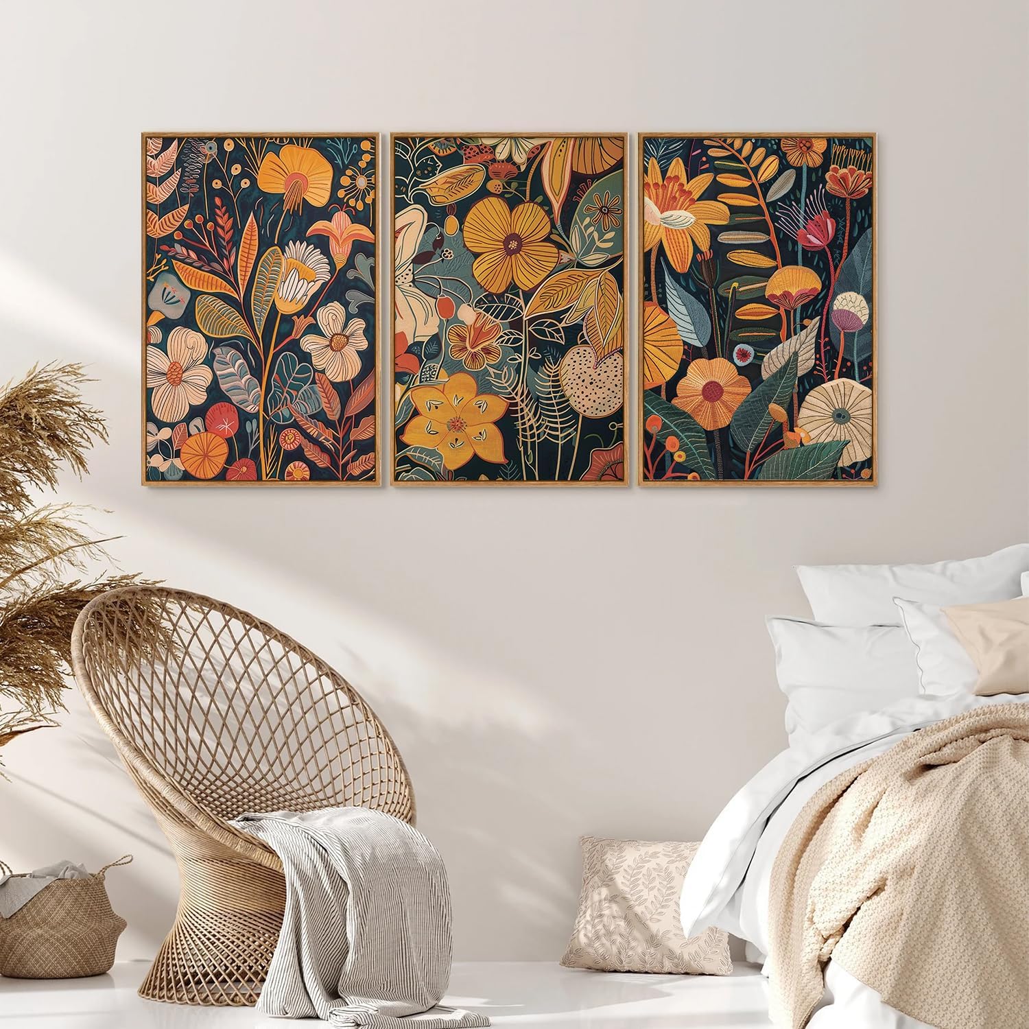 SIGNINART Boho Botanical Framed Canvas Wall Art Set of 3, Mid Century Modern Wall Decor, Burnt