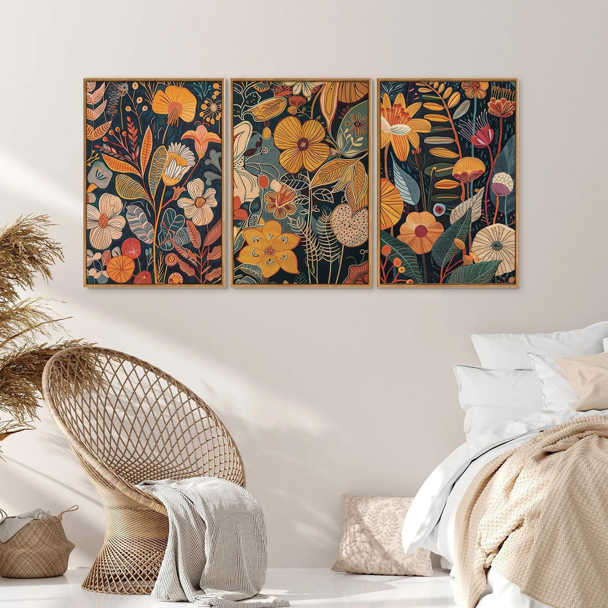 SIGNINART Orange Floral Framed Canvas Wall Art Set of 3, Mid Century Modern Flower Wall Decor