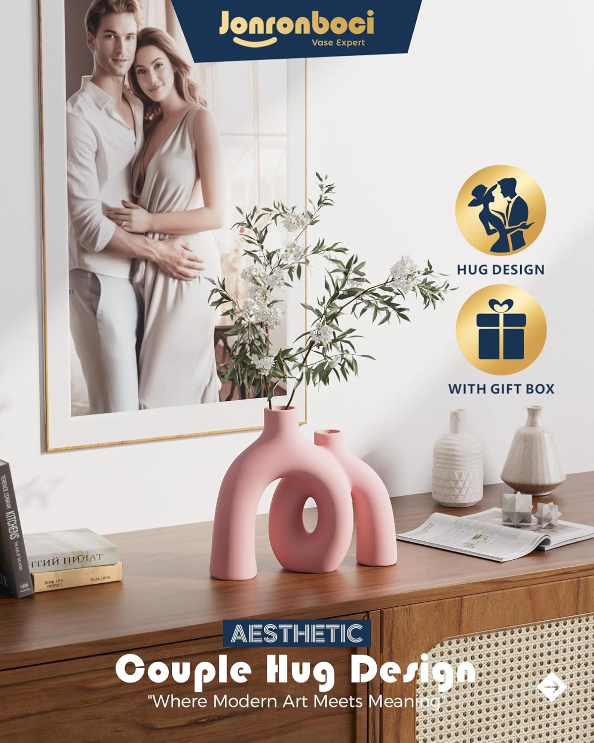 Hug Donut Decorative Vase Set - Light Pink Modern Glam Eclectic Style Vases Home Decor, Matte