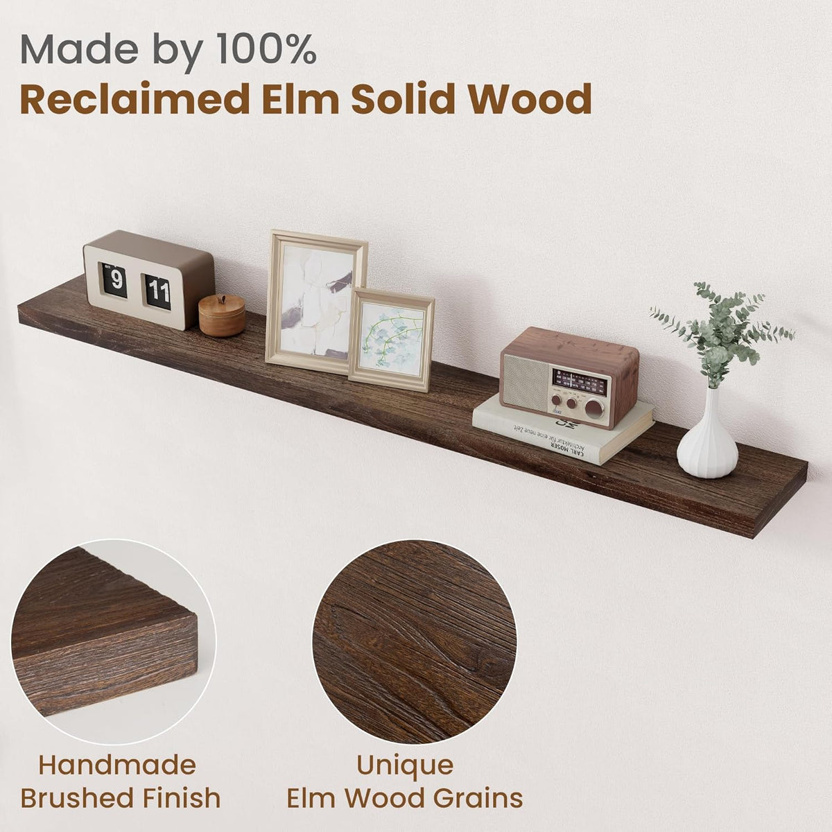 Floating Shelves for Wall Decor, 8 Inch Deep Rustic Solid Elm Wood Floating Shelves Wall Mounted