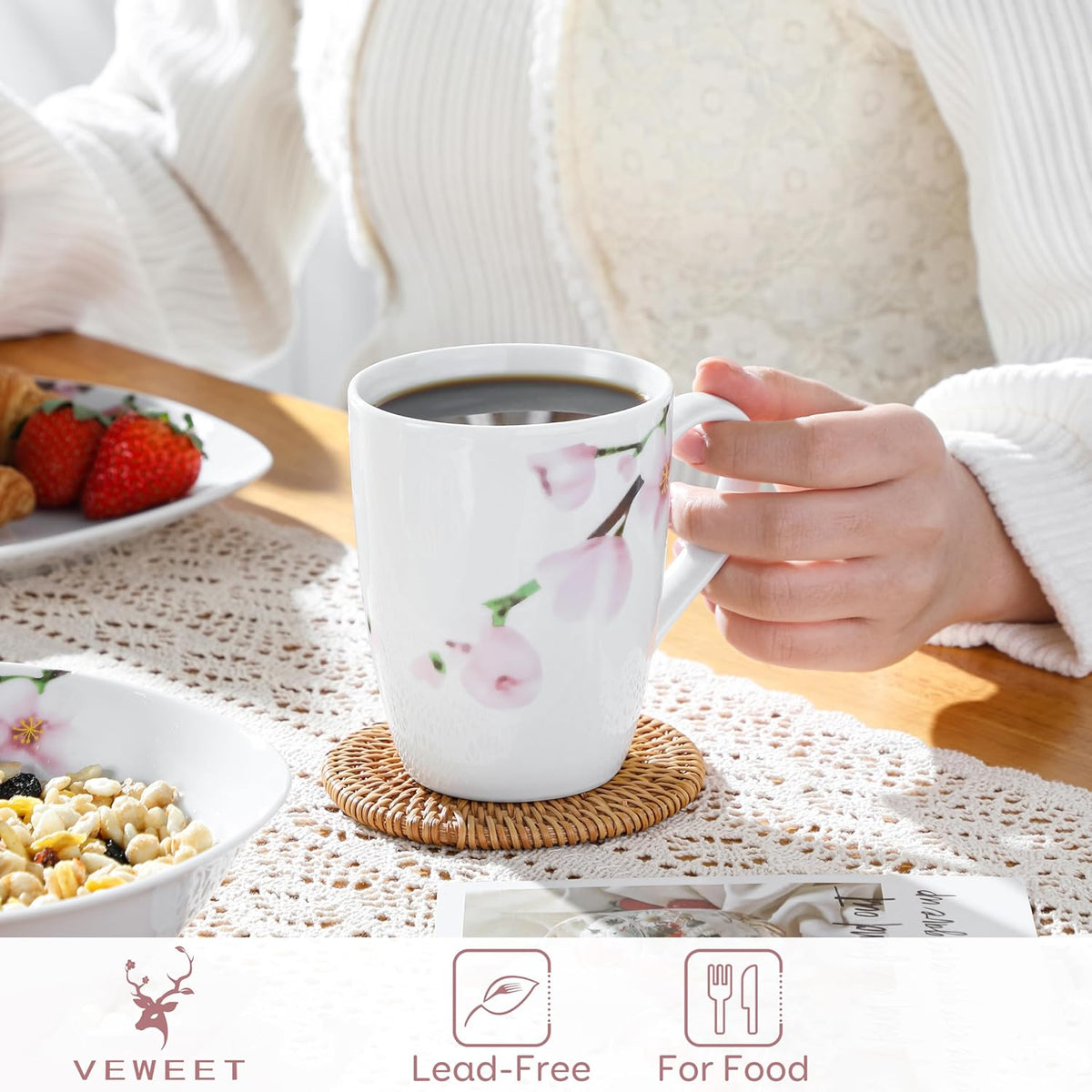 VEWEET Coffee Mugs Set of 6, 11 OZ Coffee Cups Set with Handle, Floral Mug Sets Ceramic Cup Set for