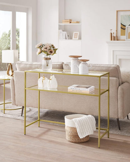 VASAGLE 39.4 Inch Console Sofa Table, Modern Entryway Table, Tempered Glass Table, Metal Frame, 2