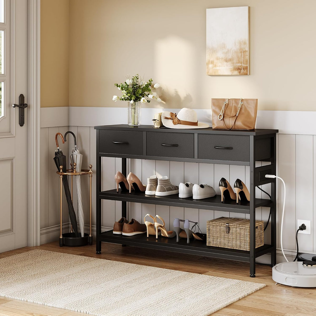 Lulive Entryway Table with Power Outlets, Console Table with 3 Fabric Drawers, Sofa Table for