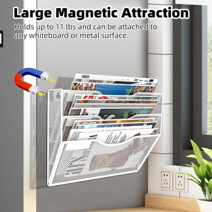 3-Tier Magnetic File Holder, No Drilling Installation File Cabinet Organizer, White Magnetic File