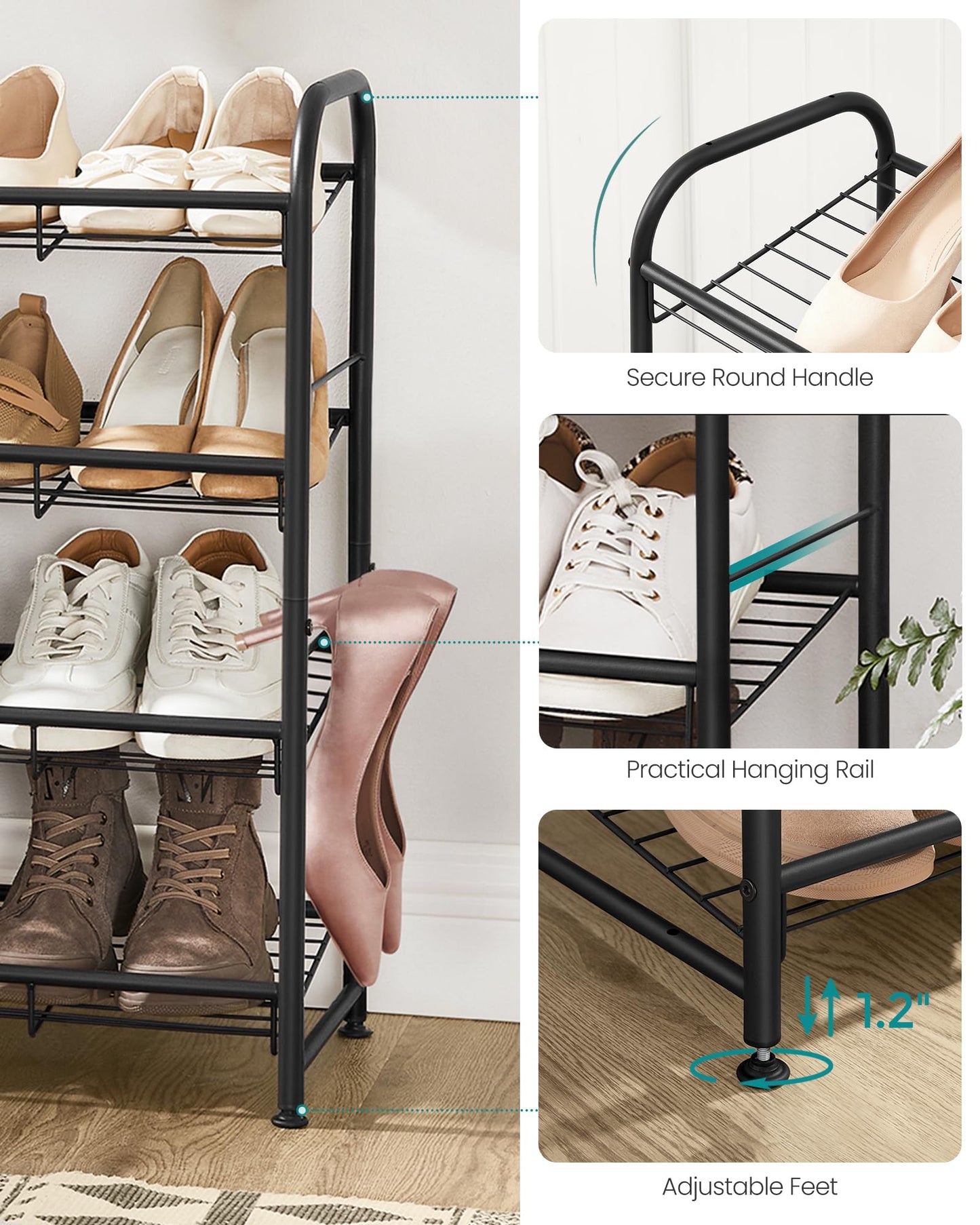 SONGMICS Stackable Shoe Rack, 4 Tier Metal Shoes Rack Storage Shelf, Holds up to 16 Pairs Shoes