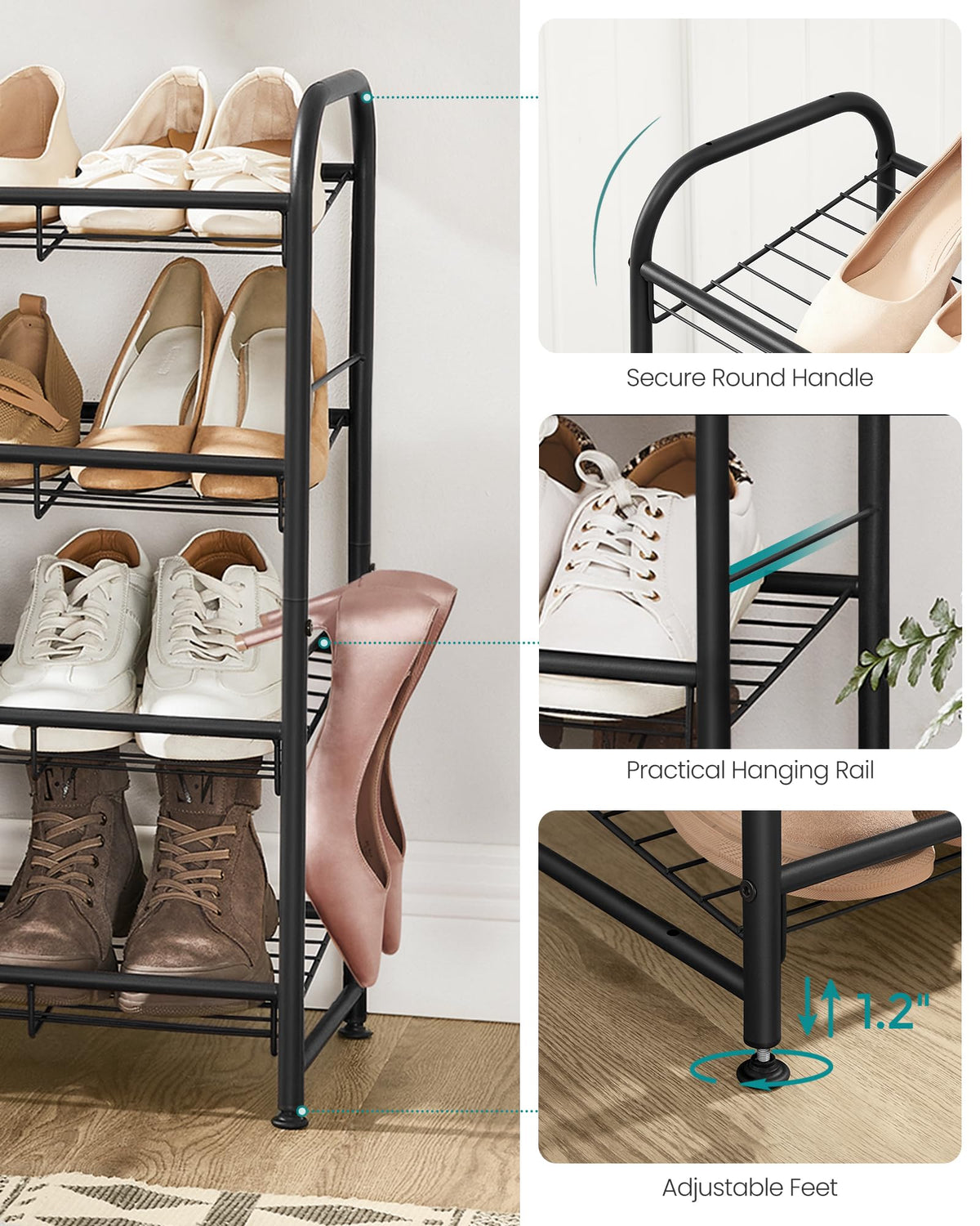 SONGMICS Stackable Shoe Rack, 4 Tier Metal Shoes Rack Storage Shelf, Holds up to 16 Pairs Shoes
