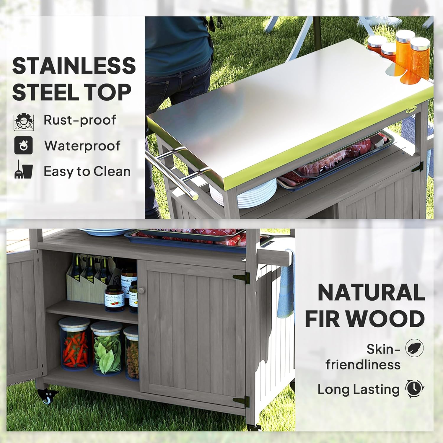Outsunny Outdoor Grill Cart with Wheels and Storage, Solid Wood Outdoor Kitchen Island with
