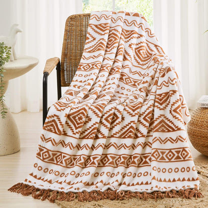 CASAAGUSTO Boho Throw Blanket - Terrcotta Decorative Blankets with Tassel, Printed Flannel Bohemian