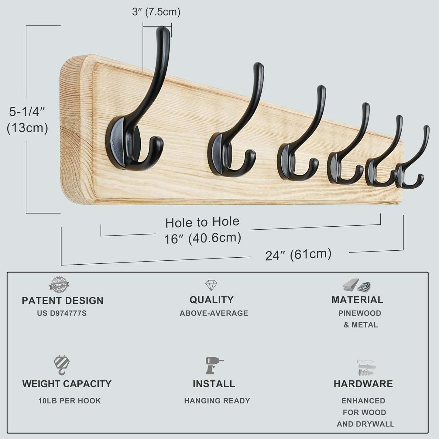 Dseap Coat Rack Wall: 24" Long, Patented, Heavy-Duty, 6-Double-Hooks Wooden Wall Mounted Coat Rack