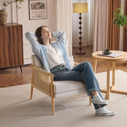 VINGLI Boho Braid Accent Armchair,Mid-Century Modern Chiar with Solid Wooden Armrest,Comfy Louge